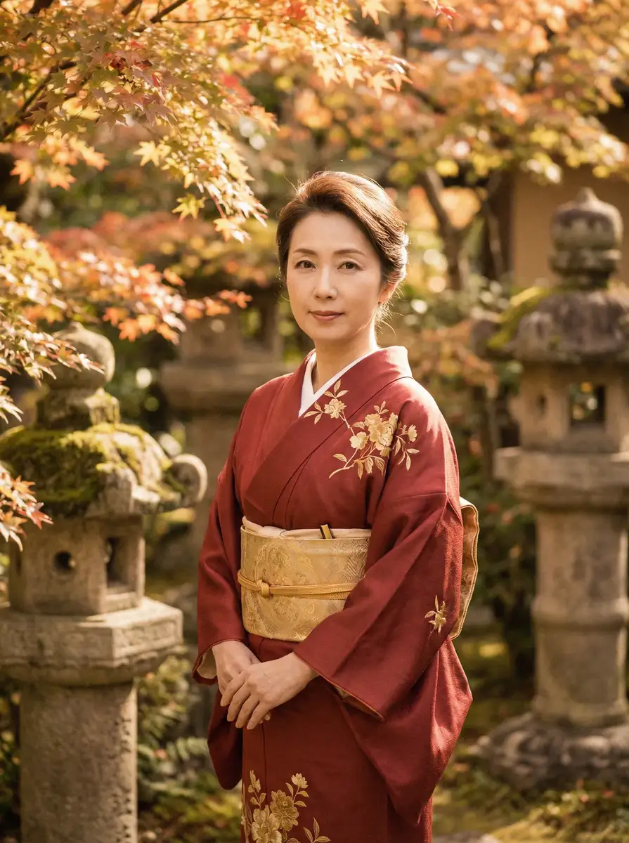 一位身穿暗红色和服的优雅 日本剧情 在日式庭院中