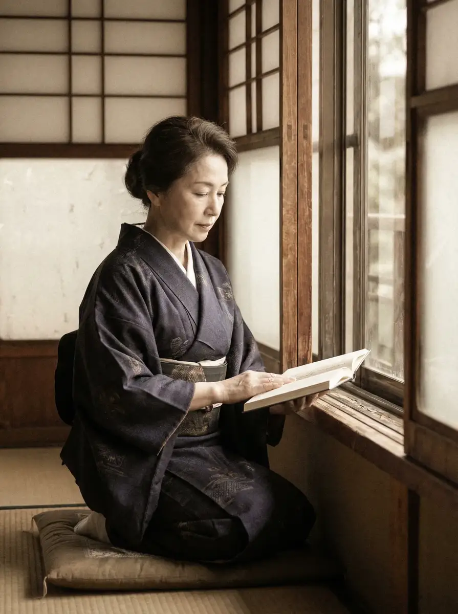 一位优雅的五十岁 日本剧情 身穿深蓝色和服，在窗边静读