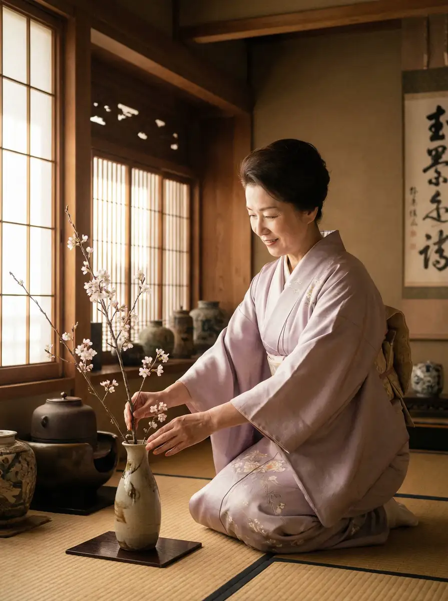 一位优雅的 日本剧情 在和室中插花